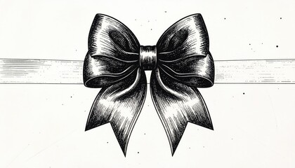 Elegant black satin bow illustration with ribbon in vintage sketch style.
