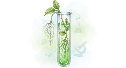 Botanical research illustration showcasing plant growth in a test tube environment with scientific