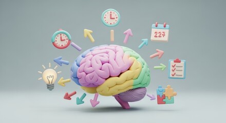 Conceptual artwork illustrating brain function with time management and problem solving symbols