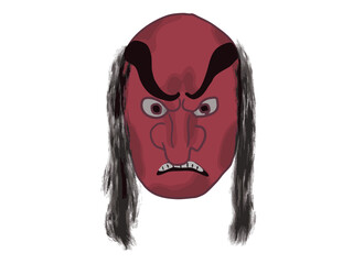 Illustration of a male mask with a fierce face from a traditional Japanese performing art