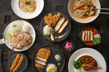 A Delicious Spread of Fried Cutlet Dishes and Asian Cuisine