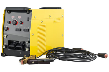 Welding machine with work cables and clamps, transparent background