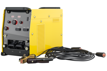 Welding machine with work cables and clamps, transparent background