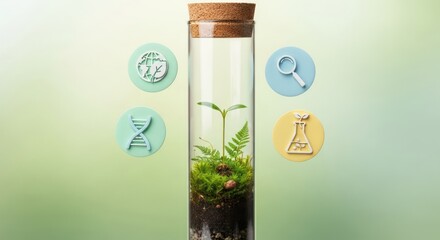 Miniature ecosystem in a glass tube with floating science icons symbolizing earth observation and