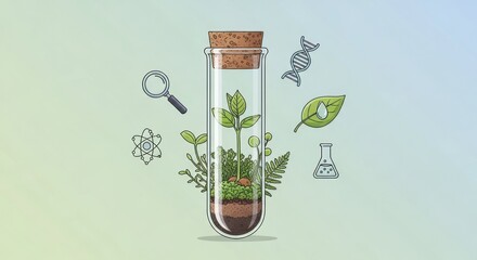 Botanical life science illustration showcasing growth within a test tube environment