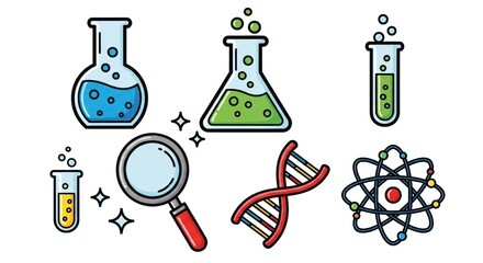 Illustrative science elements graphic with laboratory equipment and molecular structures