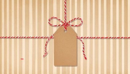 Blank kraft paper gift tag tied with red and white twine on a striped background.