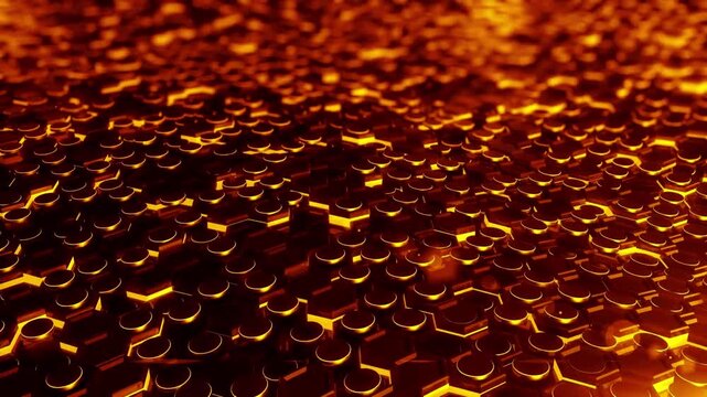 Animated circular White and lava wave moving over hexagonal shape futuristic background. Trendy sci-fi technology background with hexagonal pattern.