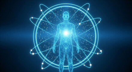 Human Body Energy Field with Atomic Orbitals and Glowing Core in Blue Light