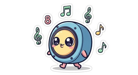 Charming speaker character with musical notes creates a whimsical and playful design