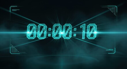Futuristic digital display of time with geometric elements and radiant light effects