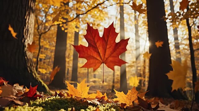 A single vibrant red maple leaf gracefully falling in a sunlit golden autumn forest