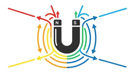 Colorful illustration exhibiting a magnet and its surrounding magnetic field lines