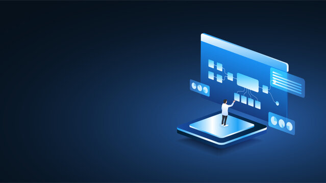 AI workflow automation artificial intelligence. ai agent isometric data analysis and workflow management automation system.