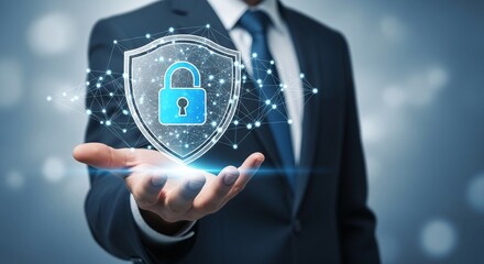 Businessman presenting a digital shield with a padlock, symbolizing cybersecurity, data protection, and secure access to information and systems