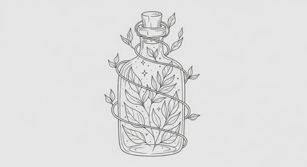 Botanical illustration of a glass bottle with plants and stars showcasing nature's magic