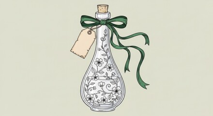 Elegant potion bottle adorned with floral designs and decorative ribbon, evoking magic and charm
