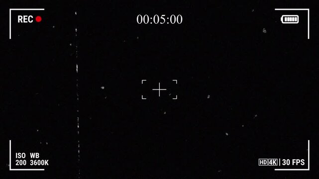 Camera recorder screen overlay with Filmgrain overlay animation.  Recording camera screen interface, broadcasting and voice recorder animation.