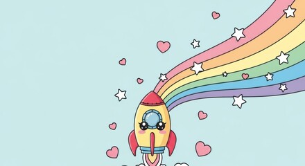 Enchanting kawaii rocket ship soaring through a pastel sky with rainbow and hearts