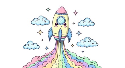 Whimsical kawaii rocket ship takes flight amid colorful clouds and stars illustration