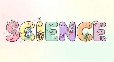 Delightful science concept with cartoon letters and scientific illustrations design