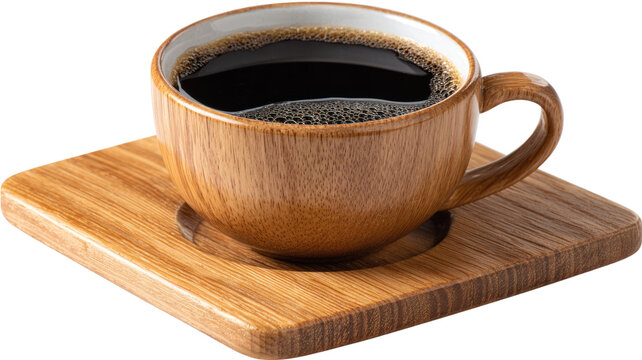 Hot brown espresso drink in a wooden cup and saucer next to isolated coffee beans on a breakfast table