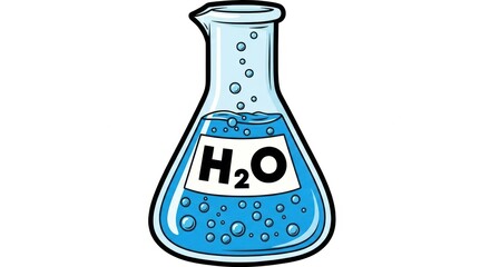 Stylized science glassware filled with symbolic representation of the water molecule