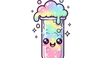 Kawaii test tube filled with sparkling pastel rainbow liquid, magical illustration