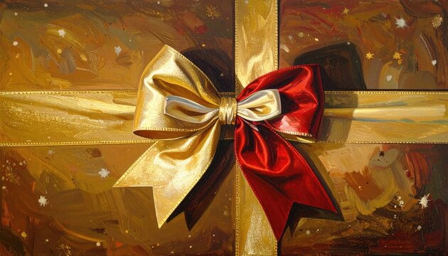 Elegant gold and red ribbon bow adorning a festive gift box.