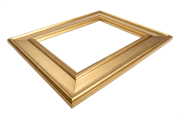 This elegant golden ornate picture frame is angled, showcasing its empty center, beautifully isolated on a transparent background, available as a versatile PNG.