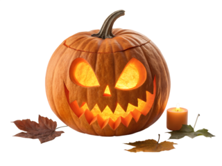 A carved Halloween pumpkin with a glowing scary face sits with a lit candle and autumn leaves, isolated as a transparent PNG.
