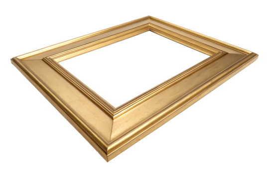 This elegant golden ornate picture frame is angled, showcasing its empty center, beautifully isolated on a transparent background, available as a versatile PNG.
