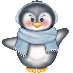 Cute hand drawn penguins collection in winter clothing and hat, kids cartoon set. Penguin animal winter, illustration  holiday character. 
