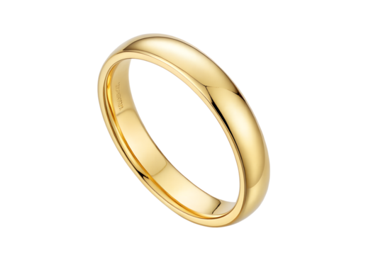A shining gold wedding band, elegantly polished, gently tilted, reflects light, perfectly isolated on a transparent background, high quality PNG.