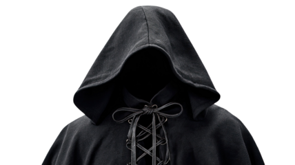 Black suit gangster model wearing a mysterious black and white mask and hood