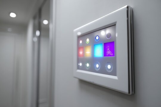 Smart Control Panel: A modern smart control panel, flush-mounted on a minimalist wall, showcases an array of colorful, illuminated buttons and interactive screen.