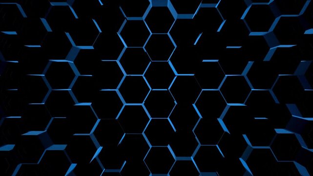 Abstract blue futuristic hexagons surface pattern, honeycomb with offset effect. Blue abstract glowing sci-fi background. Hexagonal wall moving waves