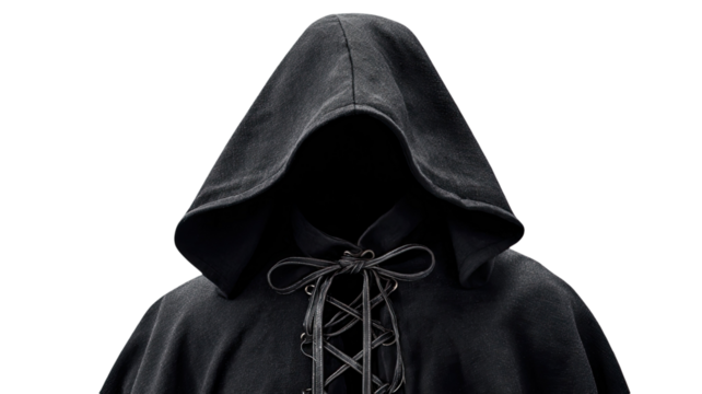 Black suit gangster model wearing a mysterious black and white mask and hood - Powered by Adobe