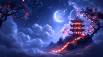 Obraz premium Enchanting Night Landscape with Asian Pagoda, Glowing Path and Crescent Moon
