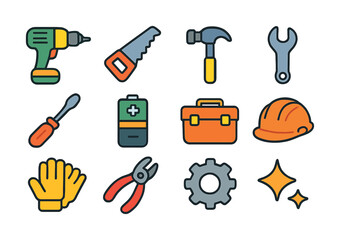 Colorful tool icon set with drill, saw, hammer, wrench, screwdriver, battery, toolbox, helmet, gloves, pliers, gear, sparkles