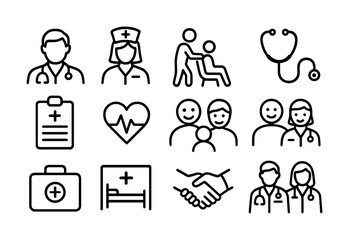 Healthcare icons set featuring medical professionals and equipment in black and white
