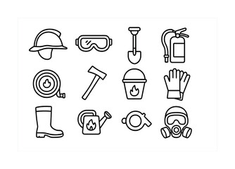 Obraz premium Firefighting equipment icons - helmet, goggles, shovel, extinguisher, safety gear