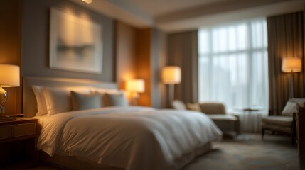 Fototapeta premium Luxury Hotel Bedroom: The interior of a luxury hotel bedroom radiates sophistication and tranquility. The spacious bedroom boasts a comfortable bed with elegant linens.