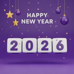 Happy new year 2026 with purple ornaments and confetti