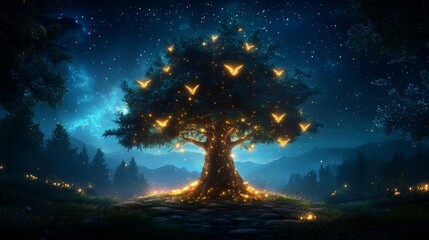 Enchanted Tree of Light Under Starry Sky