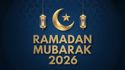 Elegant Ramadan Mubarak 2026 gold moon and star lanterns for joyous celebrations