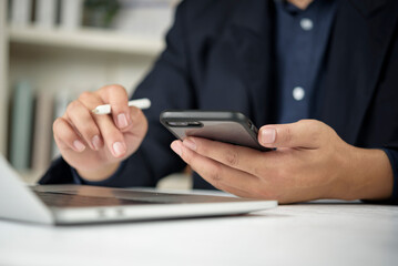 Man hands typing touchscreen cellphone browsing web reading message. Modern entrepreneur remote...