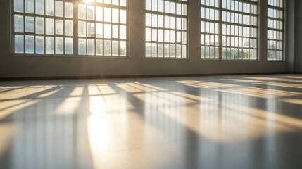 Sunlight streaming through large windows casting long shadows on a polished floor.