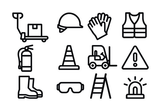 Workplace safety icons set including tools and protective equipment illustrations