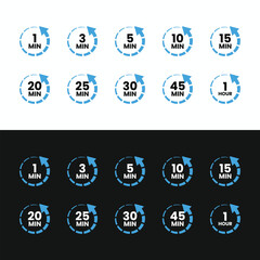 A collection of circular countdown timer icons representing various time durations from 1 minute to 1 hour. Designed with a minimal blue rotating arrow style, suitable for UI/UX.
